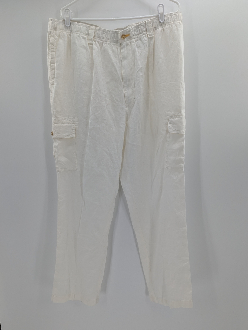 CARIBBEAN White Linen Elastic Waist Pants Drawstring Travel Beach Lounge 42